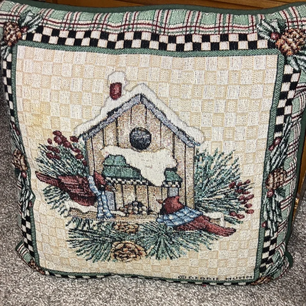 Debbie Mumm Holiday Birdhouse Pillow with Red and Green Accents 15”